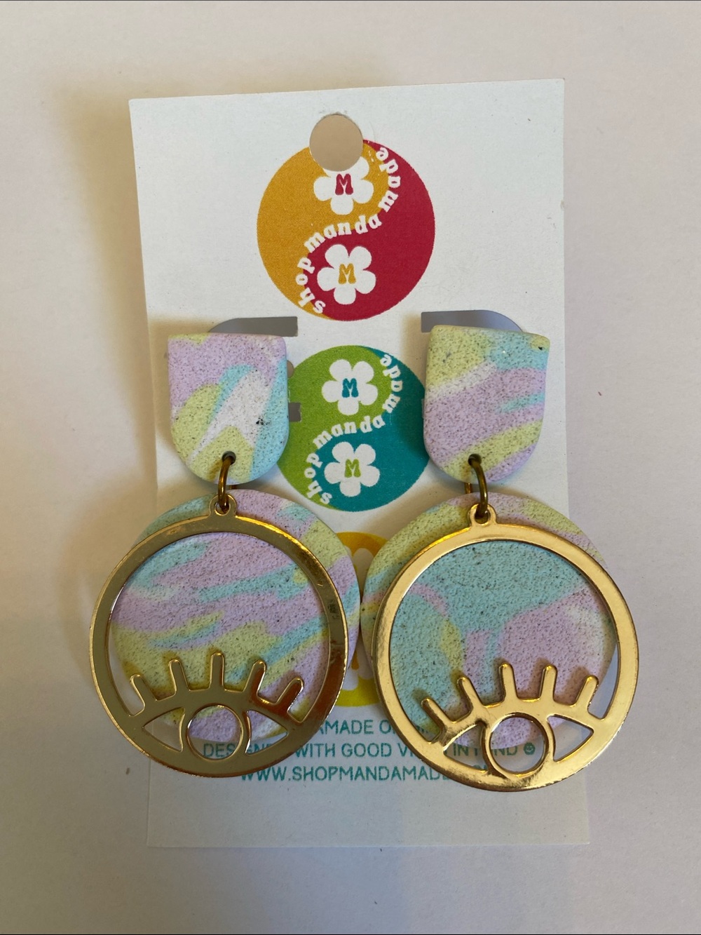 Gold Eyelash Drop Earrings with Pastel Rainbow Resin